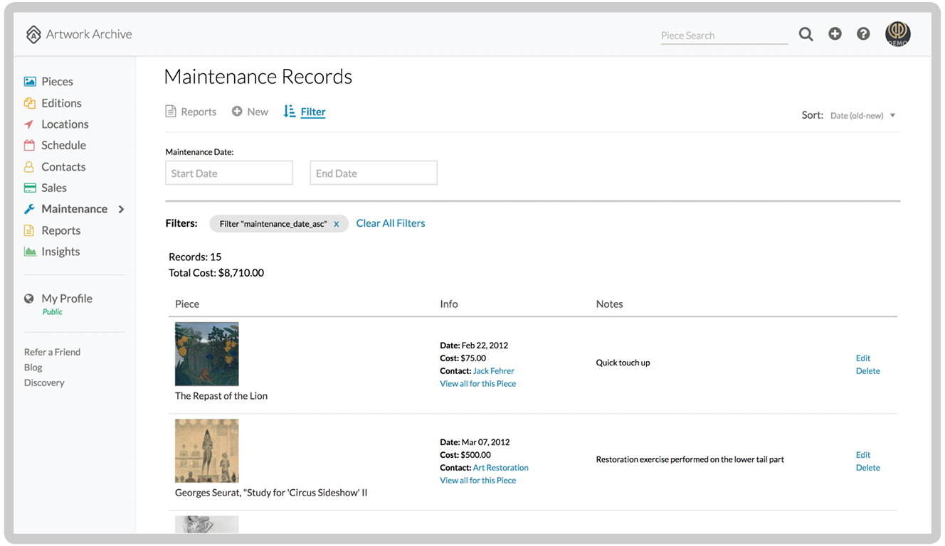 Maintenance records interface